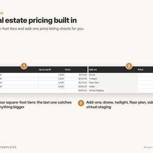 May include: A real estate pricing template featuring a table with square-foot tiers and add-ons. The text reads Real estate pricing built in, Square-foot tiers and add-ons price listing shoots for you, and includes columns for tiers, square footage, and prices.