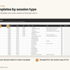 May include: A digital planning template interface titled Plan Items, featuring a table with columns for Session, Template For, Section, Time, Order, Item, Notes, Done, and Row check. The table displays wedding schedule data with numbered callouts 1 and 2.