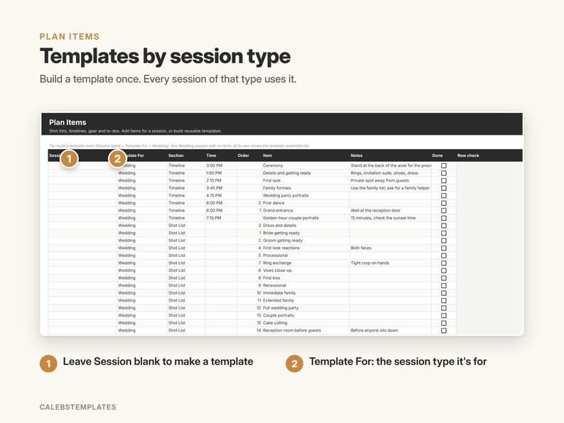 May include: A digital planning template interface titled Plan Items, featuring a table with columns for Session, Template For, Section, Time, Order, Item, Notes, Done, and Row check. The table displays wedding schedule data with numbered callouts 1 and 2.