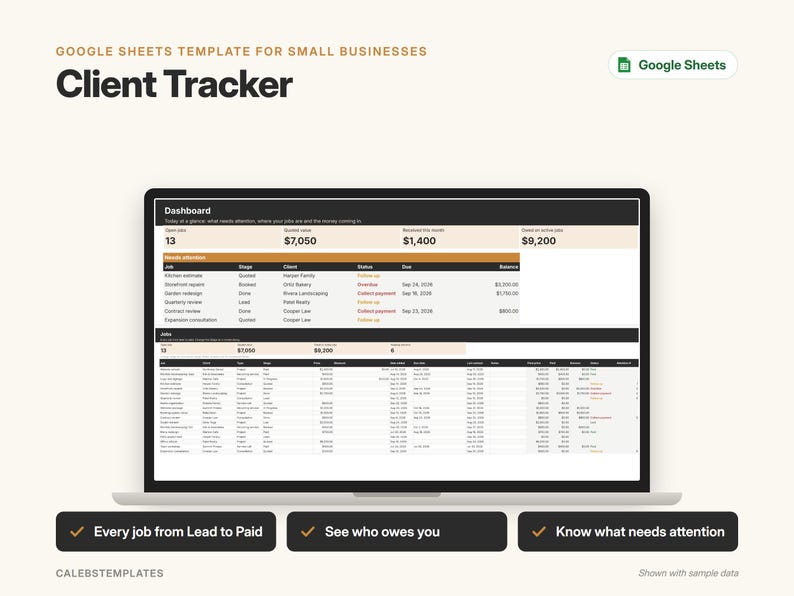 Client Tracker Google Sheets Template, Small Business CRM, Customer & Job Tracking Spreadsheet with Payments and Dashboard image 1