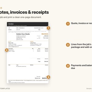 May include: A digital template for business documents titled Quotes, invoices & receipts. The graphic displays a sample invoice from Golden Hour Studio with numbered callouts 1, 2, and 3 pointing to document sections, line items, and payment totals.