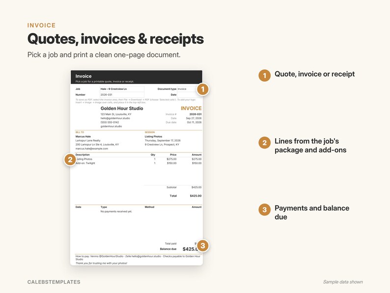 May include: A digital template for business documents titled Quotes, invoices & receipts. The graphic displays a sample invoice from Golden Hour Studio with numbered callouts 1, 2, and 3 pointing to document sections, line items, and payment totals.