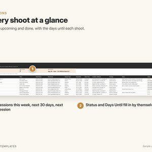 May include: A digital dashboard titled Sessions: Every shoot at a glance, featuring a table of photography sessions with columns for client names, contact details, dates, times, locations, and status. Two numbered callouts explain the data fields.