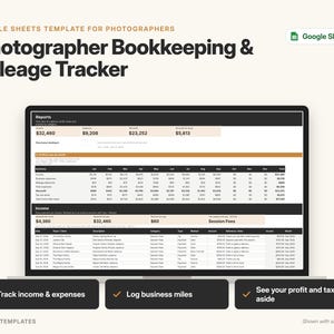 Photographer Bookkeeping & Mileage Tracker | Income and Expense Tracker, Business Expense Spreadsheet | Google Sheets Template image 1