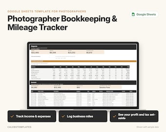 Photographer Bookkeeping & Mileage Tracker | Income and Expense Tracker, Business Expense Spreadsheet | Google Sheets Template