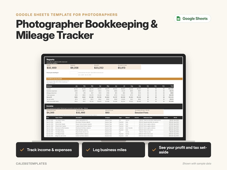 Photographer Bookkeeping & Mileage Tracker | Income and Expense Tracker, Business Expense Spreadsheet | Google Sheets Template image 1