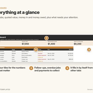 Client Tracker Google Sheets Template, Small Business CRM, Customer & Job Tracking Spreadsheet with Payments and Dashboard image 3