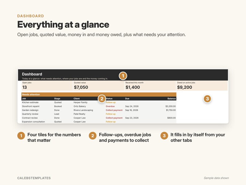 Client Tracker Google Sheets Template, Small Business CRM, Customer & Job Tracking Spreadsheet with Payments and Dashboard image 3