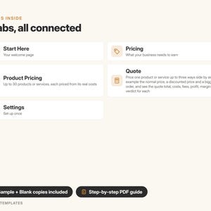 May include: A digital interface display titled What's Inside 5 tabs, all connected. It lists five sections: Start Here, Pricing, Product Pricing, Quote, and Settings, each with a small icon. Below are two black buttons: Sample + Blank copies included and Step-by-step PDF guide, with CALEBSTEMPLATES at the bottom.