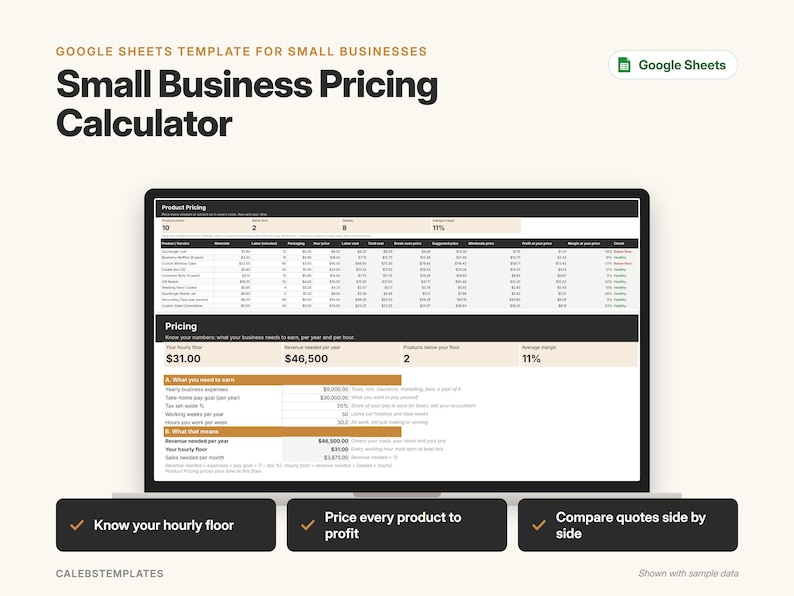 May include: A Google Sheets template for small businesses titled Small Business Pricing Calculator. The interface displays a product pricing table, yearly revenue requirements, and hourly floor calculations with sample data in black and white.