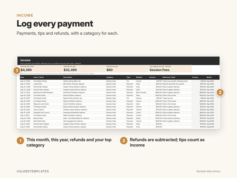 Photographer Bookkeeping & Mileage Tracker | Income and Expense Tracker, Business Expense Spreadsheet | Google Sheets Template image 5