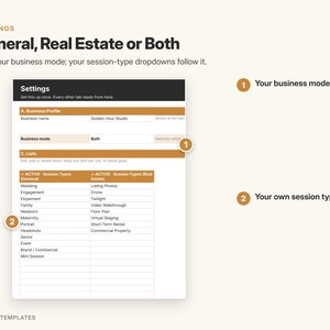 May include: A digital settings interface template titled General, Real Estate or Both. It features a business profile section with a business mode dropdown and a list section displaying active session types for general and real estate photography.