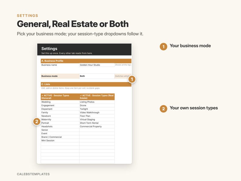 May include: A digital settings interface template titled General, Real Estate or Both. It features a business profile section with a business mode dropdown and a list section displaying active session types for general and real estate photography.