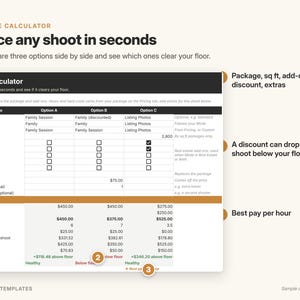 May include: A digital quote calculator spreadsheet template for photography services. The interface features columns for three options, rows for session details, add-ons, and financial results including package price, total hours, hard costs, and profit.