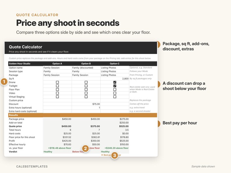 May include: A digital quote calculator spreadsheet template for photography services. The interface features columns for three options, rows for session details, add-ons, and financial results including package price, total hours, hard costs, and profit.
