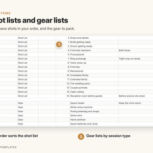 May include: A digital document titled Shot lists and gear lists featuring a table with columns for category, type, item, and notes. The table lists wedding shot list items like Dress and details, Bride getting ready, and gear for newborn sessions.