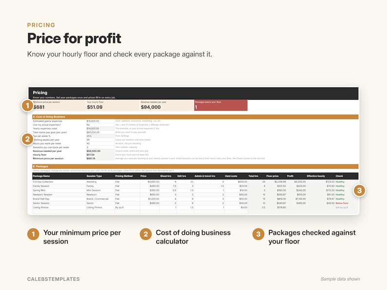 May include: A digital pricing template titled Price for profit with sections for Cost of Doing Business and Packages. The spreadsheet displays financial data including session types, pricing methods, costs, and profit margins with numbered callouts.
