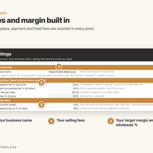 May include: A digital spreadsheet interface titled Settings: Fees and margin built in. It features sections for business name, selling fees, and pricing rules with numbered markers 1, 2, and 3. The table includes fields for Maple & Oak Bakehouse, percentages, and dollar amounts.