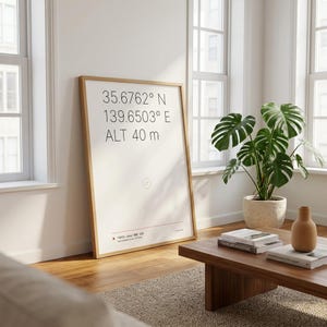 May include: A framed print displaying the coordinates 35.6762° N 139.6503° E and ALT 40 m. The print is propped against a white wall in a room with a wooden floor. A potted plant and a wooden coffee table are also present.
