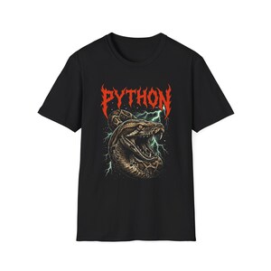 May include: A black short-sleeve t-shirt featuring a graphic print of a coiled python with its mouth open. The word PYTHON is printed in a bold red font above the snake, which is surrounded by bright green lightning bolts against a dark background.