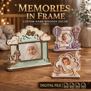 Puede incluir: Tres marcos de fotos de madera con diseños en capas que presentan nubes, un caballito de madera, globos aerostáticos y estrellas. Los marcos muestran fotos de bebés e incluyen texto como 'OUR BLESSING', 'Melanie' y 'Cute'. Arriba dice 'MEMORIES IN FRAME'.