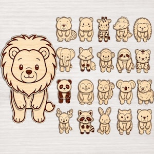 Könnte beinhalten: Eine Sammlung von hellen Holzausschnitten mit verschiedenen Zeichentricktieren, darunter ein großer Löwe auf der linken Seite und kleinere Figuren von Biber, Nilpferd, Giraffe, Krokodil, Igel, Elefant, Fuchs, Affe, Faultier, Tiger, Panda, Pinguin, Eichhörnchen, Koala, Bär, Hirsch, Waschbär, Hase und Eule.