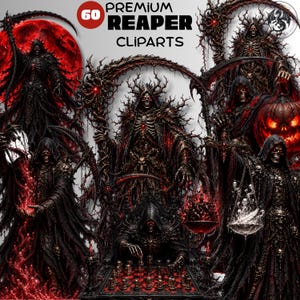 May include: A digital collection of 60 Premium Reaper Cliparts featuring dark, hooded skeletal figures in black robes with red accents. The images include reapers with scythes, a reaper playing chess on a red board, and a reaper holding a pumpkin.