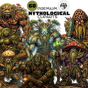Puede incluir: Una colección de arte digital que presenta varias criaturas mitológicas, incluyendo figuras arbóreas con texturas musgosas, ojos brillantes y detalles intrincados. La imagen incluye el texto "60 Premium Mythological Cliparts".