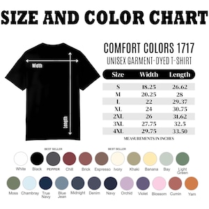 May include: A black unisex garment-dyed t-shirt with a size and colour chart. The chart includes measurements in inches for sizes S to 4XL. Colour options include white, black, pepper, and more.
