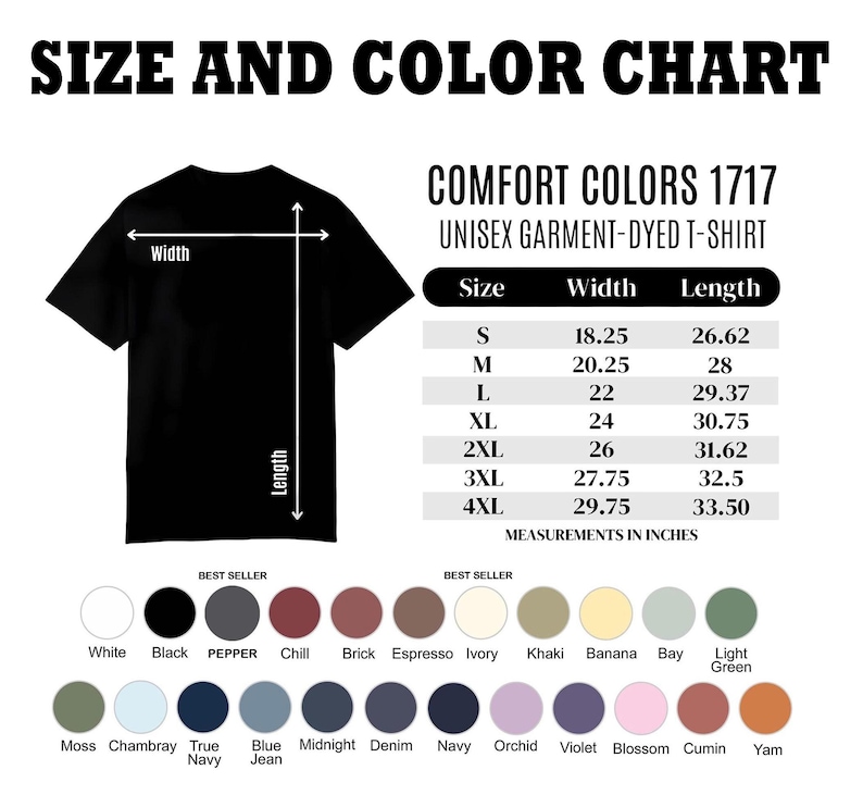 May include: A black unisex garment-dyed t-shirt with a size and colour chart. The chart includes measurements in inches for sizes S to 4XL. Colour options include white, black, pepper, and more.