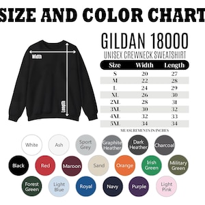 May include: A black Gildan 18000 unisex crewneck sweatshirt with a size and colour chart. The chart lists sizes S-5XL with measurements in inches. Colour options include black, red, maroon, and more.