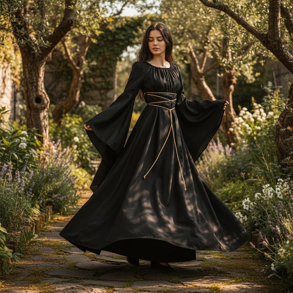 green emerald velvet dress Gothic Black Dress with Lace-Up Detail and Flowy Sleeves main image 1