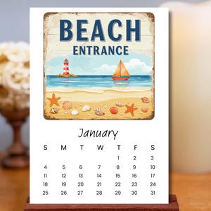 Calendrier de bureau 2026 scène de plage, aquarelle art côtier 4 x 6, cadeau ou bas de Noël