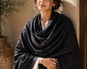 Hand Embroidered Black Shawl | Tonal Aari Floral | All-Over Embroidery | Kashmiri Wrap | Pakistani Artisan | Luxury Evening Shawl