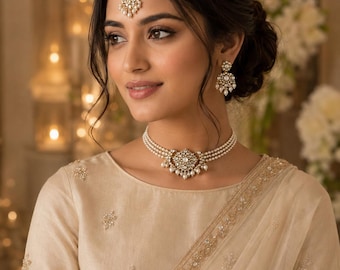 Kundan Choker Set with Maang Tikka Earrings | Indian Bridal Mehndi Jewelry