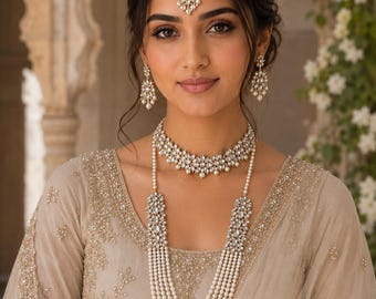 Pakistani Bridal Jewelry Set | Pearls, Kundan Choker, Maang Tikka, Earrings