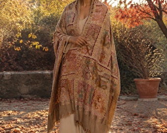 Hand Embroidered Golden Shawl | Bird & Botanical Aari Patchwork | Peacock Motifs | One of a Kind | Pakistani Heritage | Boho Gift for Her