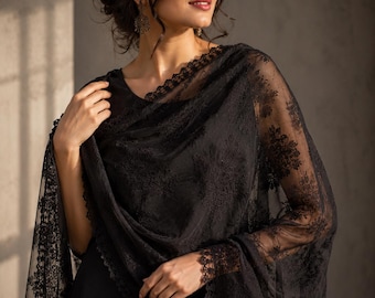 Sheer Black Lace Shawl | Floral Damask Wrap | Delicate Evening Shawl | Pakistani Handmade | Bridal Wedding Cover Up | Gift for Her