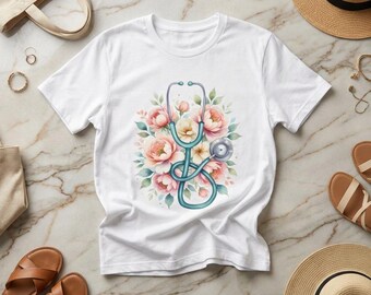 Camiseta de estetoscopio y peonías en acuarela, camiseta floral para enfermera, regalo para enfermera, regalo de graduación para estudiante de enfermería, regalo médico adorable de agradecimiento a las enfermeras.