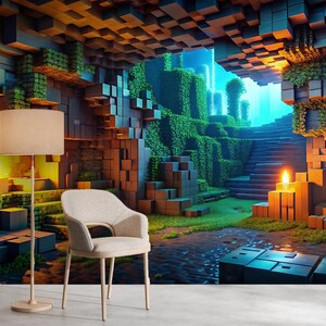 May include: A digitally rendered interior scene featuring a beige armchair, a floor lamp with a beige lampshade, and a wall mural. The mural depicts a pixelated landscape with stairs, greenery, and a cave-like opening. The color palette includes greens, blues, and oranges.