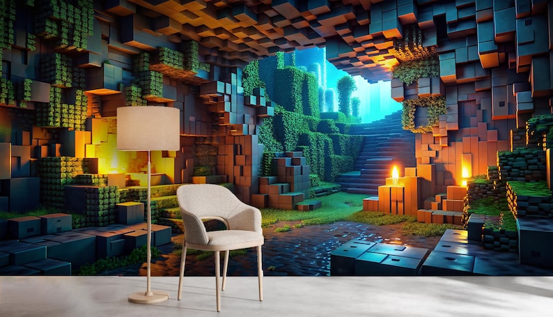 May include: A digitally rendered interior scene featuring a beige armchair, a floor lamp with a beige lampshade, and a wall mural. The mural depicts a pixelated landscape with stairs, greenery, and a cave-like opening. The color palette includes greens, blues, and oranges.