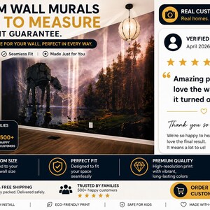 May include: Custom wall mural featuring a landscape with an AT-AT walker and trees. The text reads "Custom Wall Murals Made to Measure" and "Perfect Fit Guarantee." The image also includes customer reviews and a call to action.