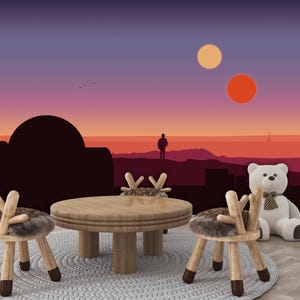 May include: A children's play area with a round wooden table and two chairs with antler-shaped backs. A large white teddy bear with a bow tie sits nearby. The background features a sunset scene with two suns and a silhouette of a person.