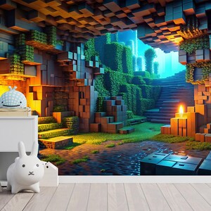 May include: A vibrant, digitally rendered mural depicting a pixelated landscape with stairs, greenery, and a cave-like structure. The scene includes a white cabinet with bunny-shaped decor and a small chair, set against a wooden floor.