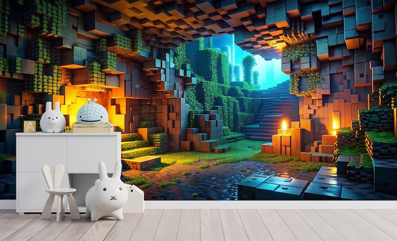 May include: A vibrant, digitally rendered mural depicting a pixelated landscape with stairs, greenery, and a cave-like structure. The scene includes a white cabinet with bunny-shaped decor and a small chair, set against a wooden floor.