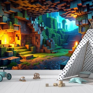 May include: A whimsical scene featuring a teepee with black polka dots, set against a pixelated cave backdrop. A light blue toy car and wooden blocks are in the foreground. The scene evokes a playful, imaginative atmosphere.