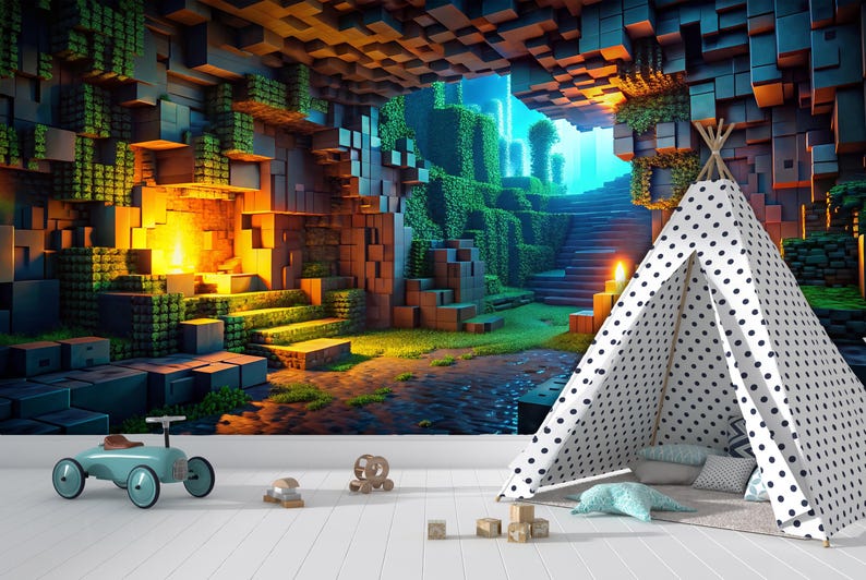 May include: A whimsical scene featuring a teepee with black polka dots, set against a pixelated cave backdrop. A light blue toy car and wooden blocks are in the foreground. The scene evokes a playful, imaginative atmosphere.
