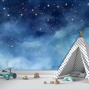 May include: A whimsical nursery scene featuring a blue and white polka dot teepee, a vintage-style teal toy car, and a starry night sky mural. The room is decorated with wooden blocks and soft pillows.