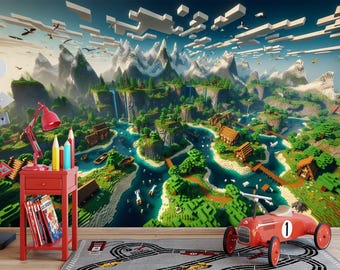 Pixel Landscape Wallpaper,Minecraft World Peel and Stick or Nonwoven
