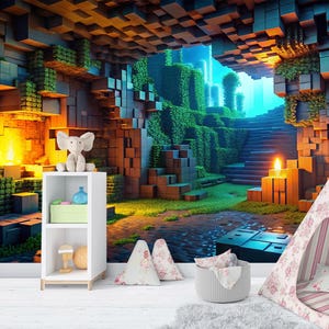 May include: A whimsical scene featuring a child's teepee with a floral pattern, set against a vibrant, pixelated landscape. A white bookshelf holds decorative items, and pillows and a rug add to the playful atmosphere.